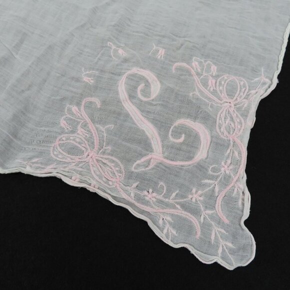 Handmade Embroidered Pink L Initial Monogram Scroll Handkerchief Hankie Vintage - Picture 3 of 9